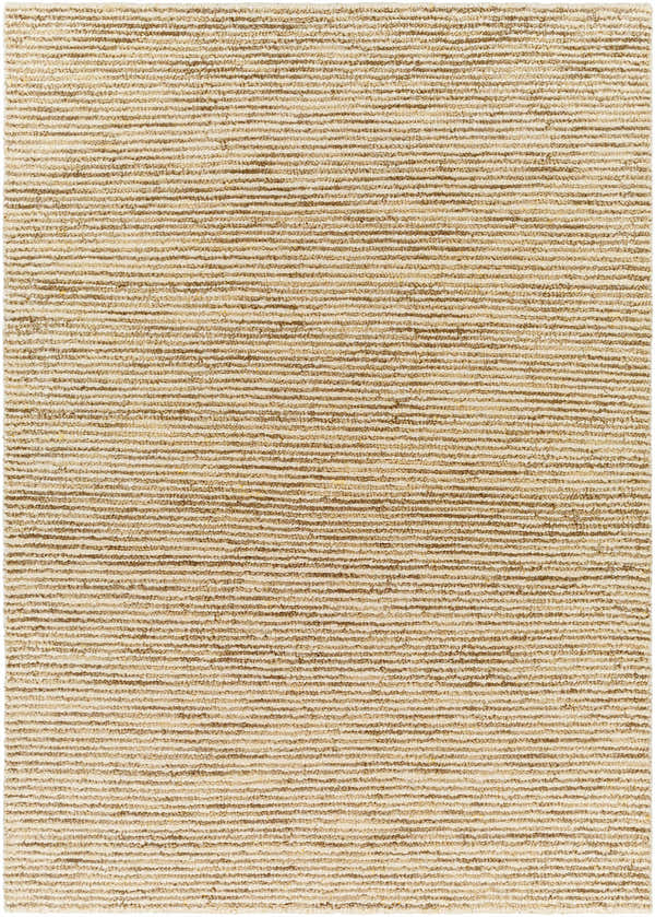 Close-up of the hand woven Dewei Area Rug. Beige and tan wool rug with a subtle, horizontal striped pattern. Design-Rectangle-576
