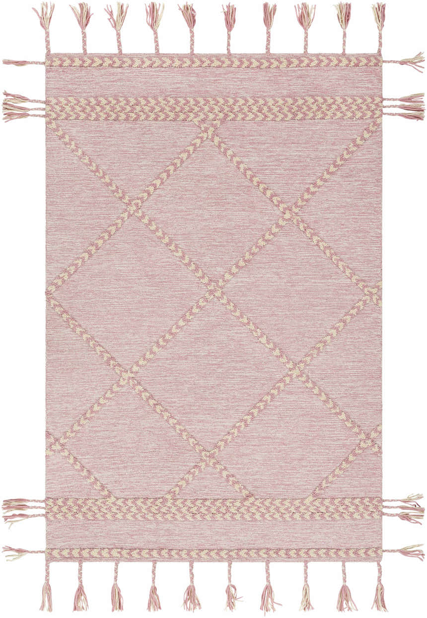 Close-up of the Stoutland Carpet Area Rug. Hand-tufted wool rug with cream diamond pattern and mauve tassels. Design-Rectangle-576