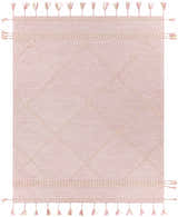 Close-up of the Stoutland rug. Hand-tufted wool rug in cream and mauve with tassel fringe and diamond pattern. Design-Rectangle-810