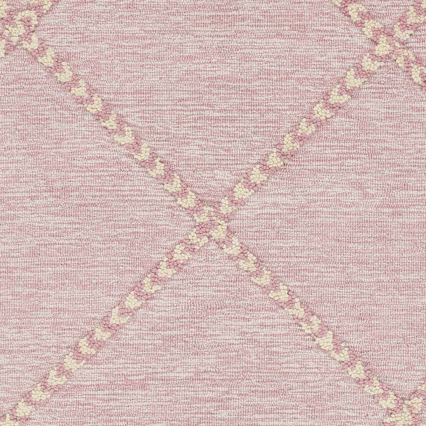 Close-up of Stoutland Carpet Area Rug. Cream and mauve wool rug with a textured, geometric striped pattern. Hand-tufted. Swatch
