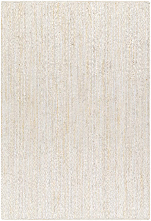 Close-up of the hand-loomed Adahy Area Rug. Beige and bone jute rug with a contemporary design and subtle vertical texture. Design-Rectangle-576
