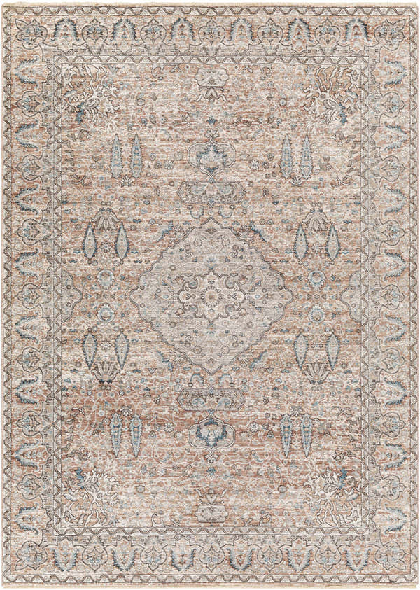 Close-up of the Suay Area Rug. Traditional oriental rug pattern in charcoal, cream, dark blue, and medium brown. Design-Rectangle-46