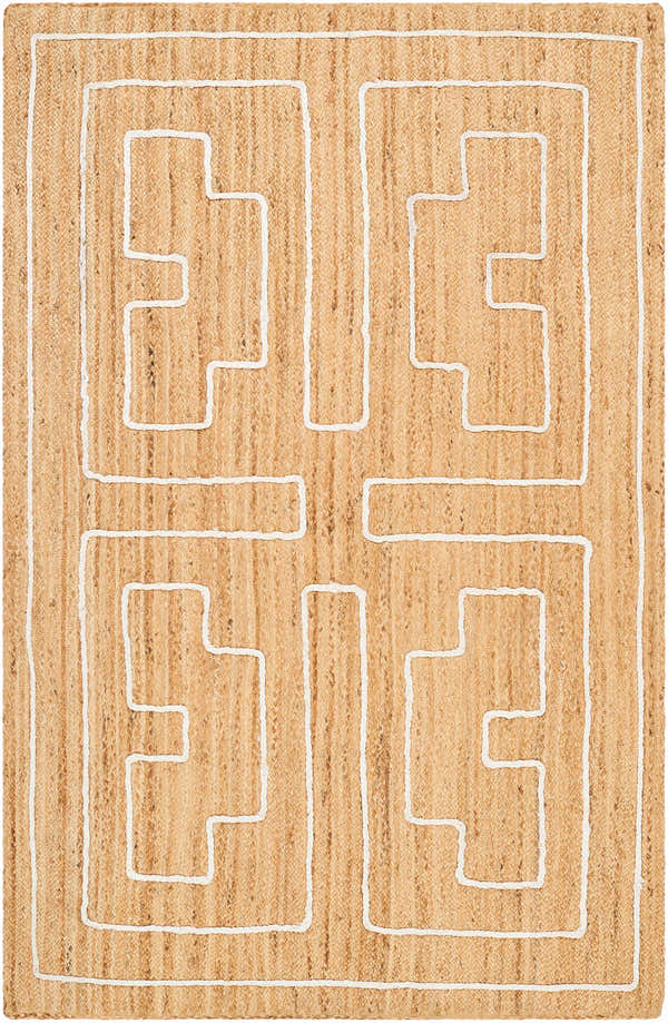 Close-up of the hand woven Kees Area Rug featuring a geometric off white pattern on natural jute. Design-Rectangle-576