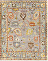 Close-up of the hand-knotted Suisun Premium Rug. Features a traditional, floral pattern with brick red, cream, and gray colors. Design-Rectangle-810