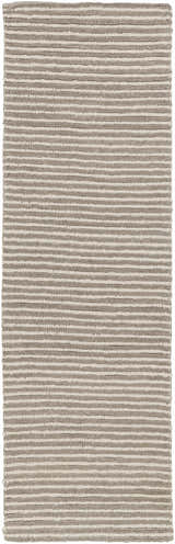 Close-up of the hand woven Sula Area Rug. Cream and gray wool rug with a subtle horizontal stripe pattern. Design-Runner-268