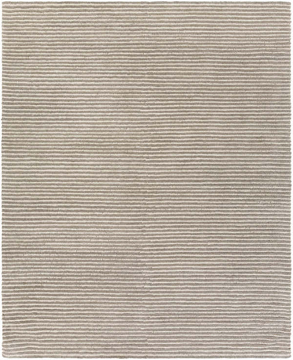 Close-up of the hand woven Sula Area Rug. Cream and gray wool rug with a contemporary stripe pattern. Design-Rectangle-810