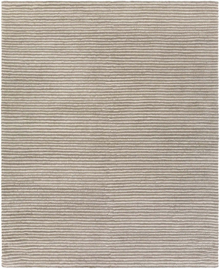 Close-up of the hand woven Sula Area Rug. Cream and gray wool rug with a contemporary stripe pattern. Design-Rectangle-810