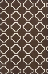 Close-up of the Sulligent Area Carpet. Dark brown wool rug with a light beige geometric pattern of circles and diamonds. Design-Rectangle-58