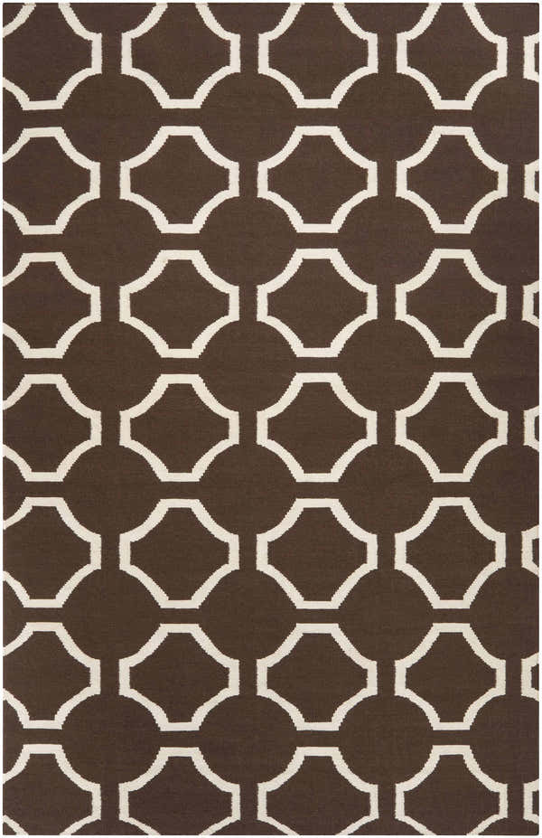 Close-up of the Sulligent Area Carpet. Dark brown wool rug with a light beige geometric pattern of circles and diamonds. Design-Rectangle-58