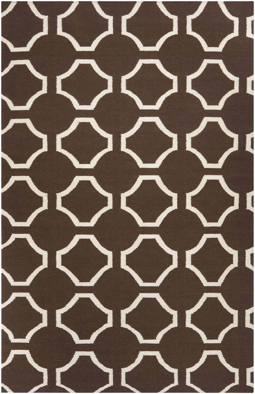 Close-up of the Sulligent Area Carpet. Dark brown wool rug with a light beige geometric pattern of circles and diamonds. Design-Rectangle-58