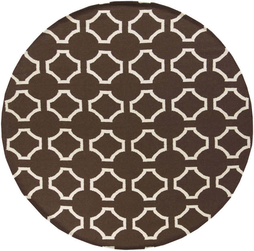 Round Sulligent Area Carpet. Brown wool rug with light beige geometric pattern. Hand woven. Design-Round-8
