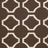 Close-up of the Sulligent Area Carpet. Dark brown wool rug with a geometric light beige pattern. Hand woven texture. Swatch