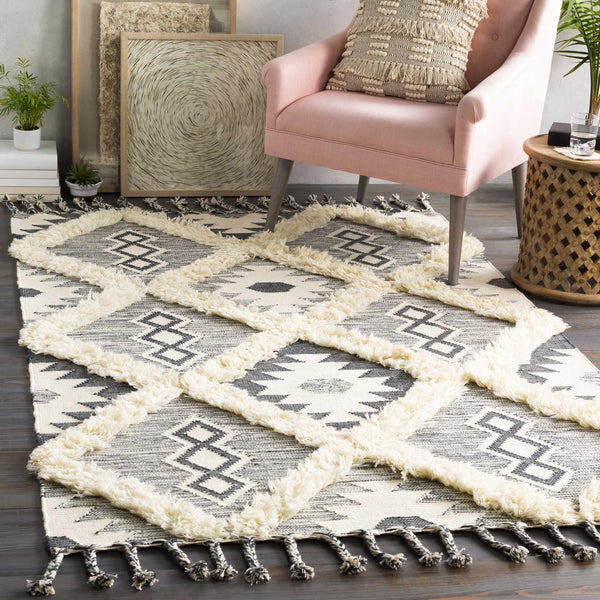 Sultan Charcoal/Beige Tribal Tassel Wool Rug - Clearance