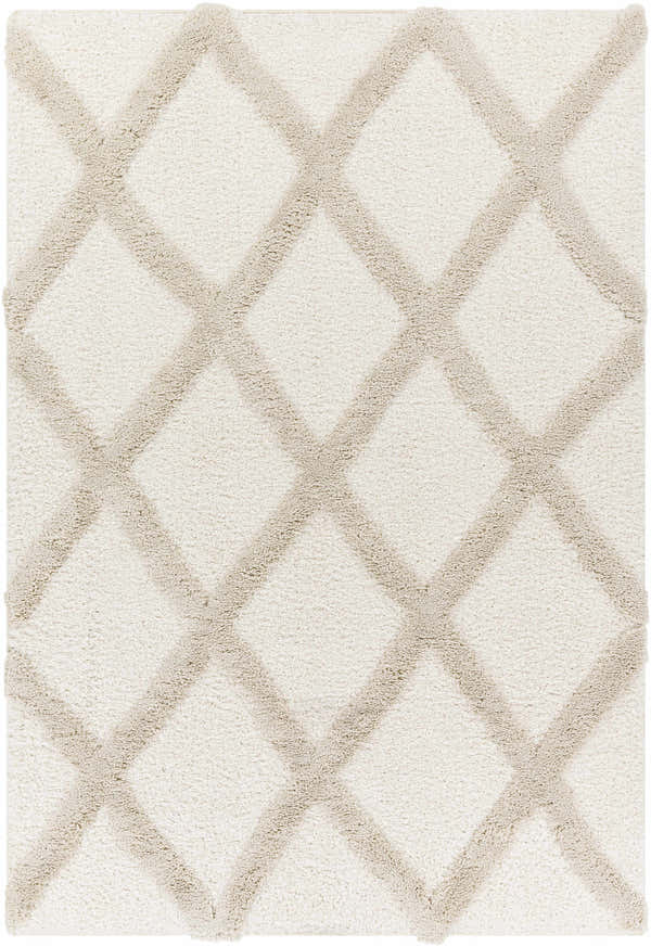 Close-up of the Sulusaray Area Rug. Cream shag rug with a raised diamond trellis pattern in beige. Soft and textured. Design-Rectangle-537