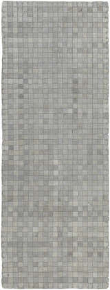 Close-up of the Sunburst Area Rug, a hand-woven leather runner rug in gray with a contemporary, basketweave design. Design-Runner-268