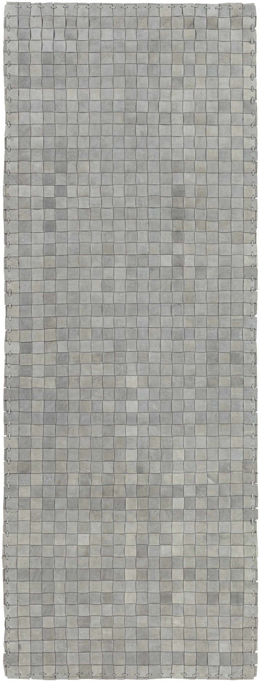Close-up of the Sunburst Area Rug, a hand-woven leather runner rug in gray with a contemporary, basketweave design. Design-Runner-268