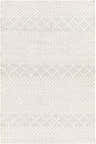 Close-up of the hand woven Sungurlu Jute Carpet. Cream and light beige geometric pattern with a bohemian, farmhouse style. Design-Rectangle-576