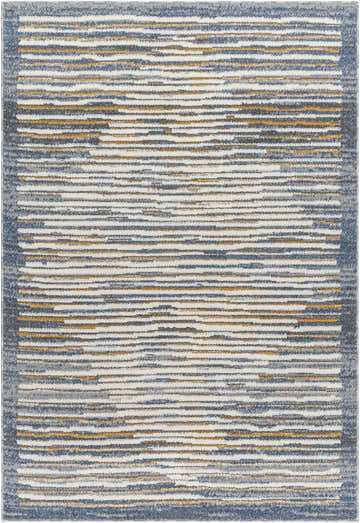 Close-up of the Kylar Area Rug featuring a contemporary horizontal stripe pattern in gray, smoke, and gold tones. Design-Rectangle-537