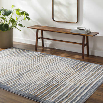 Entryway with Kylar Area Rug in gray, smoke, and gold. Bench with mirror and plant complete the contemporary look. Roomscene-Rectangle