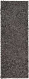 Close-up of the Black Allon Area Rug, a soft shag rug in dark gray, showing its texture and construction. Design-Runner-2773