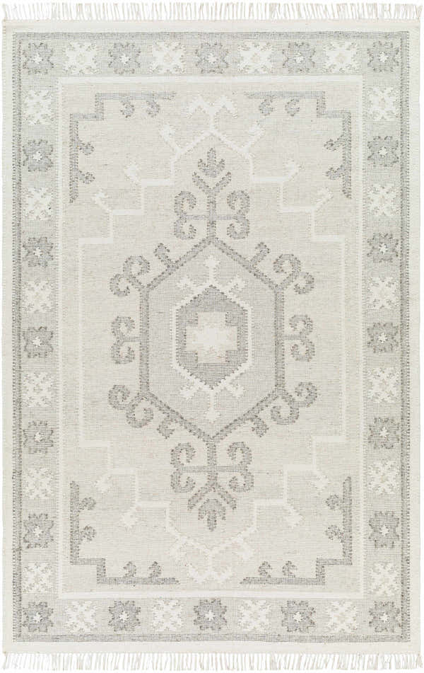 Close-up of the hand woven Afra Area Rug. Farmhouse style rug in cloud gray and dark gray with a traditional geometric pattern. Design-Rectangle-576