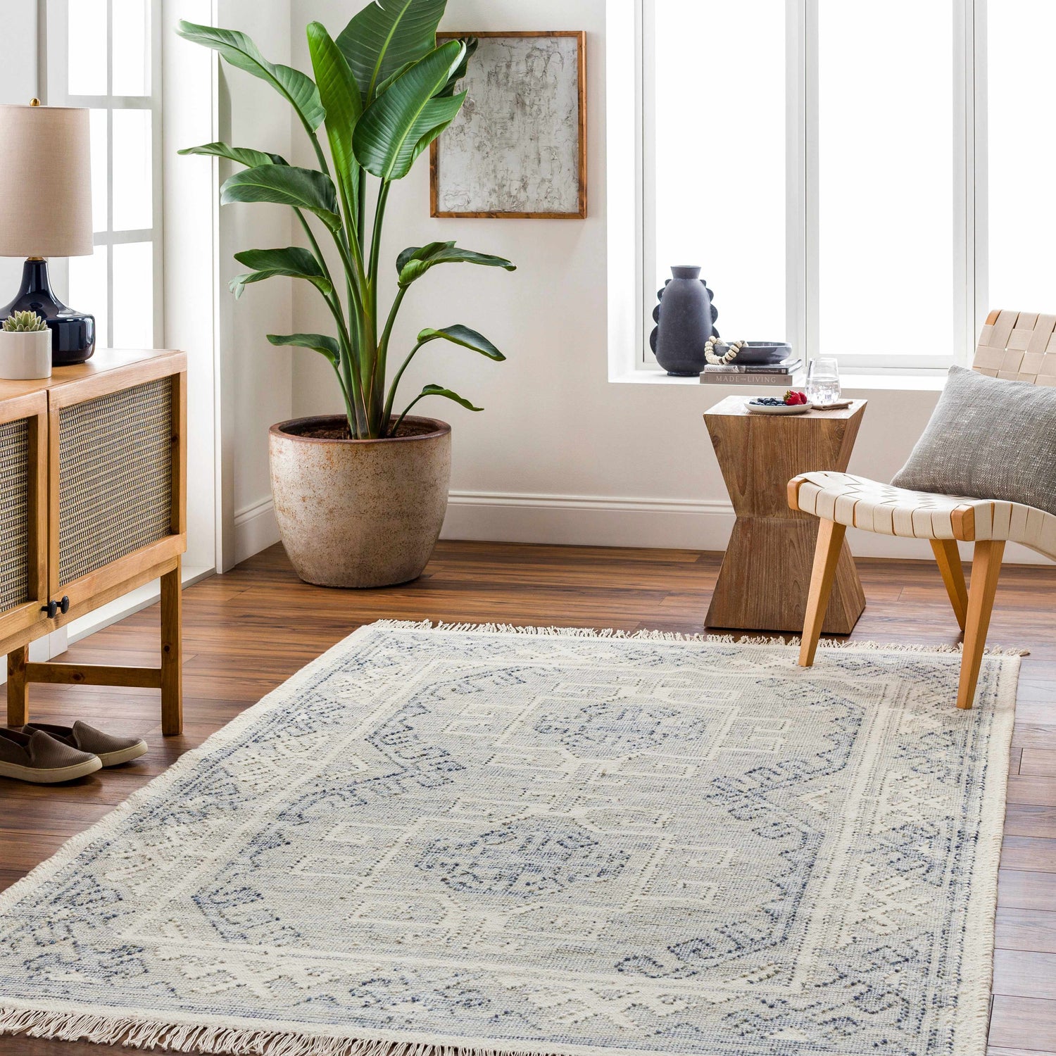 Living room scene with a beige and gray Anund Area Rug, woven chair, wood cabinet, and large potted plant. Roomscene-Rectangle