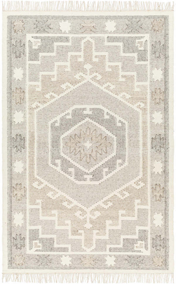 Close-up of the hand woven Donny Area Rug. Features a traditional geometric pattern in beige, gray, and brown tones. Design-Rectangle-576