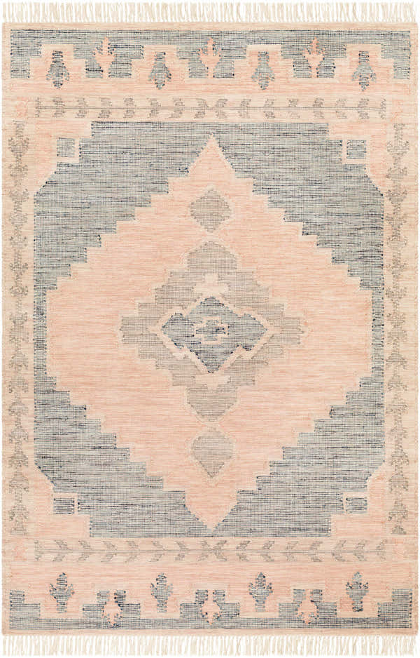 Close-up of the hand woven Lana Area Rug. Farmhouse style rug in light brown and gray with a geometric diamond pattern. Design-Rectangle-576