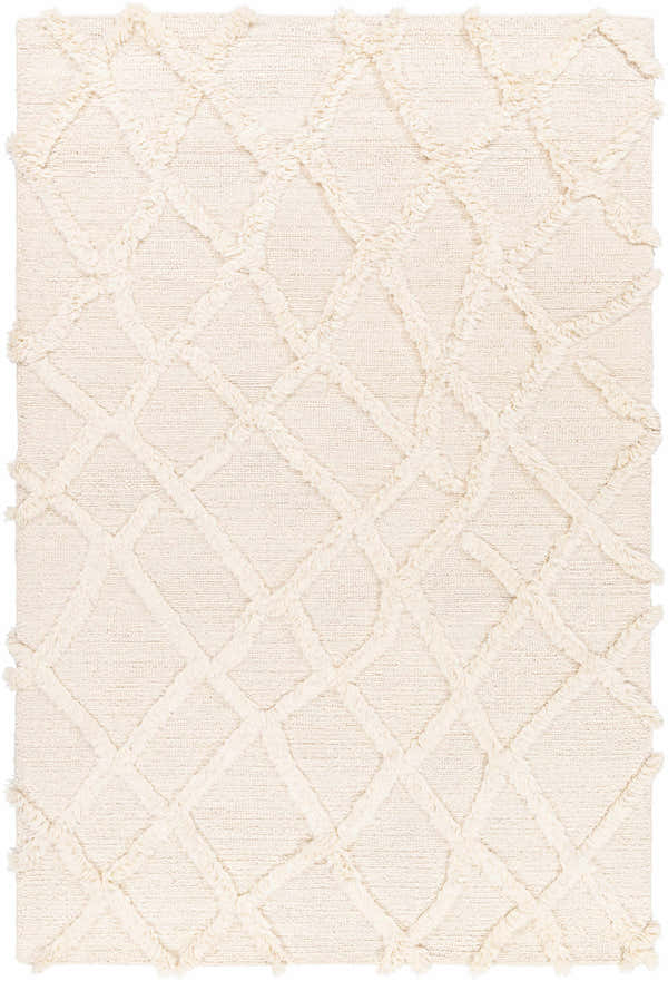 Close-up of the Adica Cream Wool Area Rug showing its hand-tufted texture and geometric diamond pattern. Design-Rectangle-576