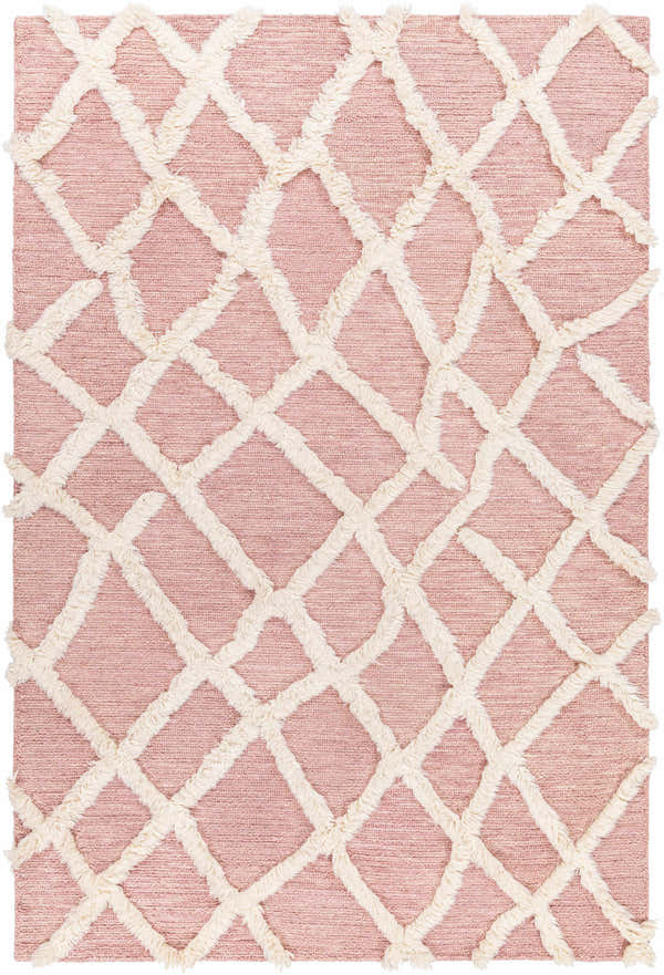Close-up of the Adica Pink Wool Area Rug, featuring a diamond trellis pattern in cream against a pink background. Design-Rectangle-576