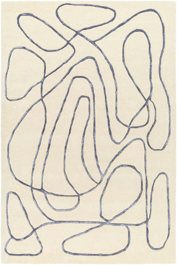 Hand tufted Derek Area Rug in light peach wool with a dark gray abstract line pattern. Contemporary style. Design-Rectangle-576