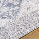 Close-up of the Keola Washable Area Rug, showing its traditional gray, beige, and white pattern and soft chenille texture. Texture