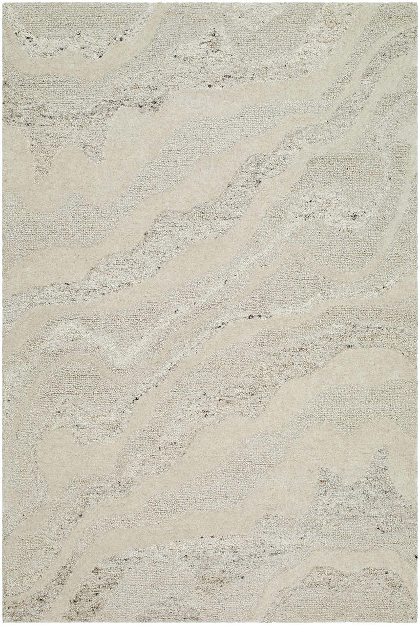 Close-up of the Siani Cream Wool Area Rug showing its ash and silver gray tones and hand-tufted texture. Design-Rectangle-576