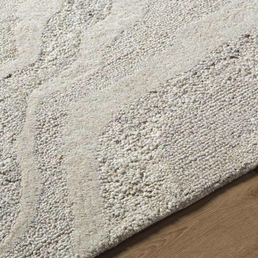 Close up of the hand-tufted Siani Cream Wool Area Rug showing its ash and silver gray tones and textured design. Texture