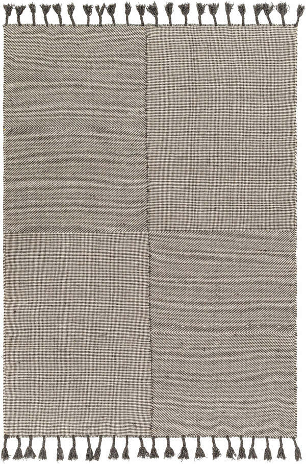 Close-up of the Abhay Gray Wool Area Rug, featuring a hand-woven design with dark brown and gray tones and decorative tassels. Design-Rectangle-576