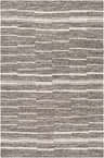 Close-up of the hand-woven Swavesey Wool&Viscose Area Rug. Charcoal, cream, and gray horizontal stripes create a modern pattern. Design-Rectangle-576