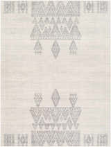 Close-up of the Wakita Light Gray Tribal Rug. Features a geometric, tribal-inspired pattern in charcoal and light gray on an off-white base. Design-Rectangle-537