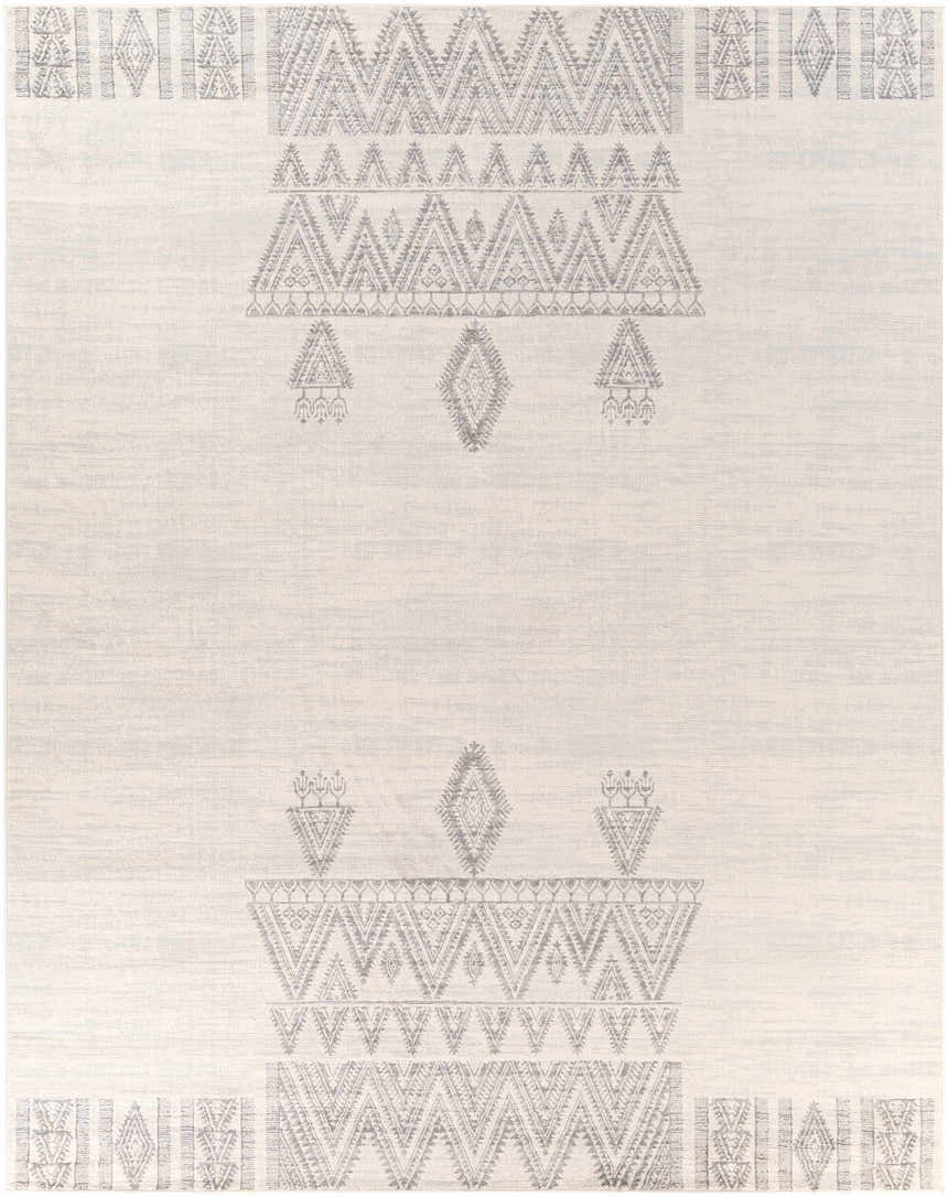 Wakita Light Gray Tribal Rug featuring a geometric, diamond, and triangle pattern in light and medium gray tones. Design-Rectangle-71010