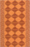 Close-up of the Swissvale Area Rug. Hand-woven wool rug in burnt orange and tan with a Southwestern-inspired geometric pattern. Design-Rectangle-58