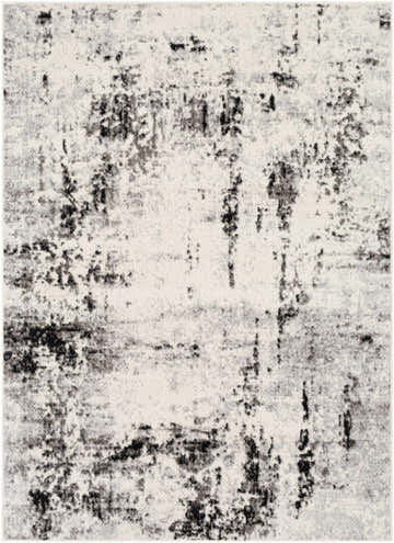 Close-up of the Swansboro Area Rug. Contemporary design in black, charcoal, light gray, and white gray. Design-Rectangle-57
