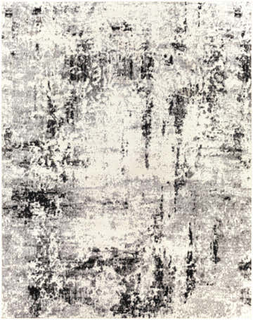 Close-up of the Swansboro Area Rug. Contemporary design in black, charcoal, light gray, and off-white. Machine woven texture. Design-Rectangle-71010