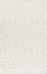 Close-up of the Elese Area Rug in beige. Contemporary style with geometric patterns and subtle texture. Polypropylene, machine woven. Design-Rectangle