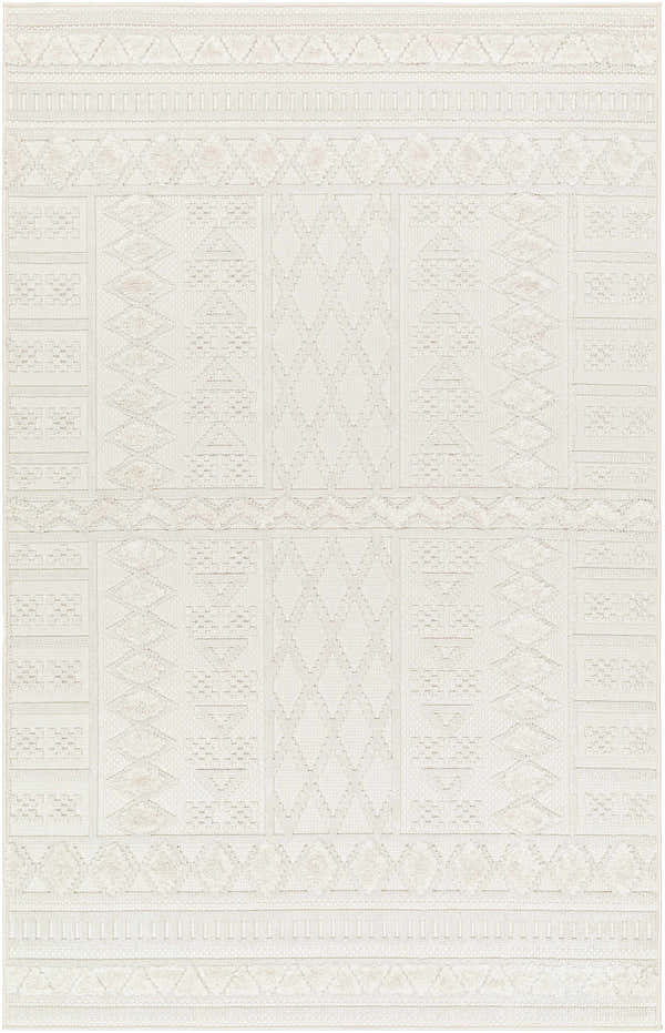 Close-up of the Elese Area Rug in beige. Contemporary style with geometric patterns and subtle texture. Polypropylene, machine woven. Design-Rectangle