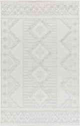 Close-up of the Gabin Area Rug in arctic stone. Contemporary style with geometric diamond pattern and textured details. Design-Rectangle-537