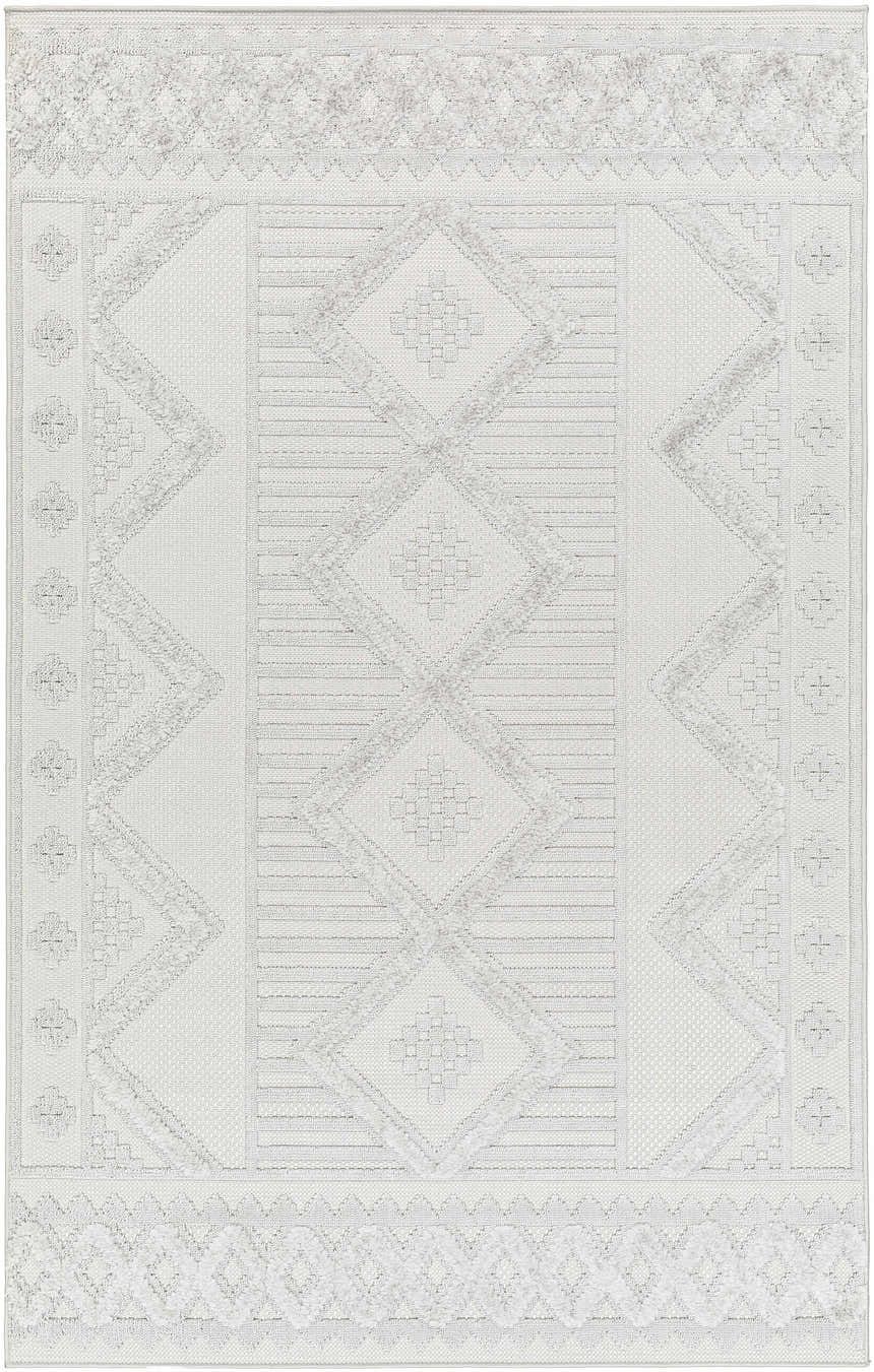 Close-up of the Gabin Area Rug in arctic stone. Contemporary style with geometric diamond pattern and textured details. Design-Rectangle-537