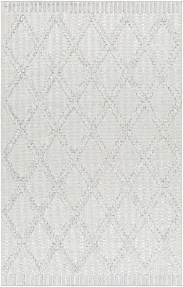 Close-up of Galia Area Rug in arctic stone. Polypropylene rug with raised diamond pattern and textured border. Design-Rectangle-537