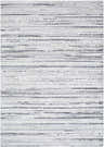 Close-up of Sanja Luxe Rug, a contemporary rug with beige, black, cream, light slate, and white horizontal stripes. Design-Rectangle-5373