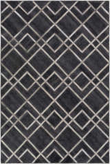 Close-up of the Taclobo Area Rug - Clearance. Black rug with a geometric light gray diamond pattern. Design-Rectangle-576