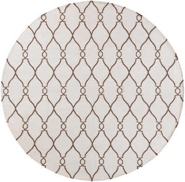 Close-up of round Tadley Area Rug. Hand woven wool rug in light beige with a brown trellis pattern. Design-Round