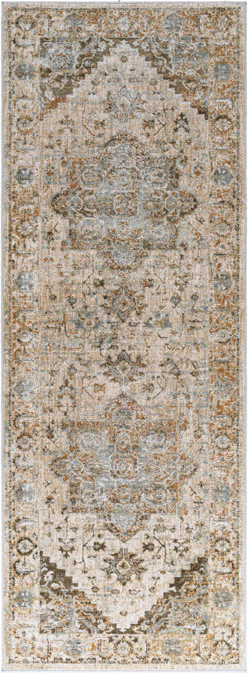 Close-up of the Tadian Thick Luxe Boutique Rug. Beige rug with traditional-style patterns in brown, taupe, and light blue. Design-Runner-2773